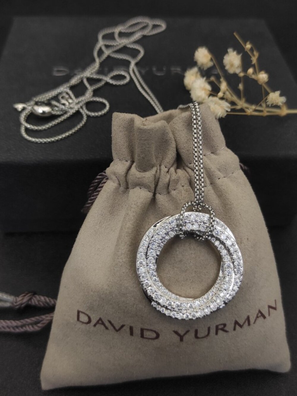 David Yurman Silver Pavé Double Circle Slider Necklace